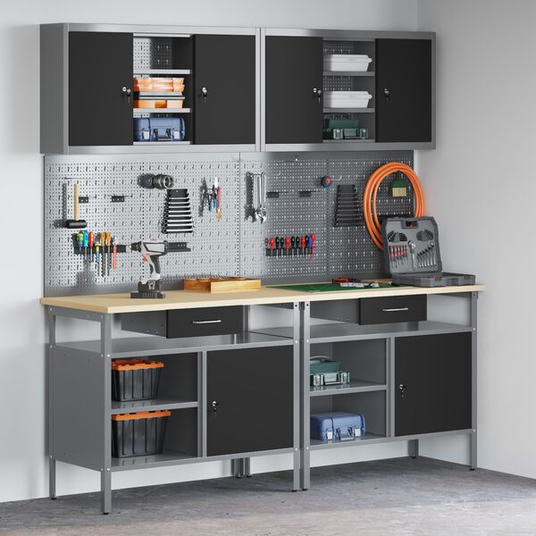 vidaXL Werkbank-Set 8 pcs Rot und Grau Pulverbeschichteter Stahl