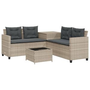vidaXL Gartensofa in L-Form mit Tisch und Kissen Hellgrau Poly Rattan