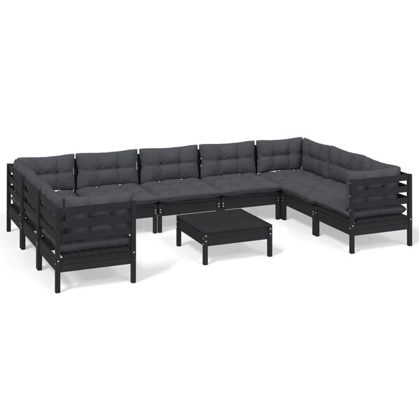 vidaXL 10-tlg. Garten-Lounge-Set mit Kissen Schwarz Kiefernholz