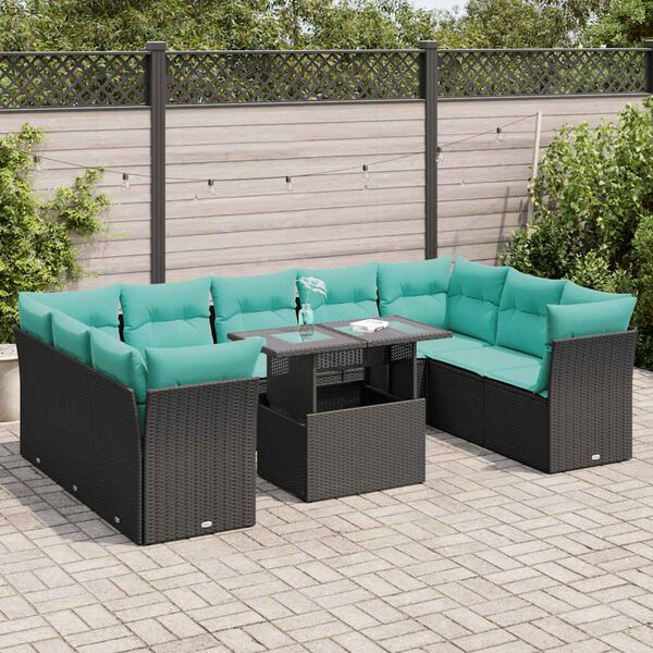 vidaXL 10-tlg. Garten-Sofagarnitur mit Kissen Schwarz Poly Rattan