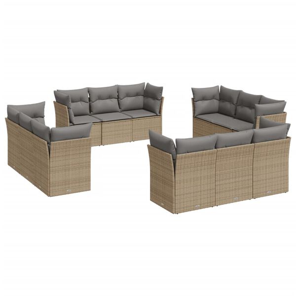 vidaXL 12-tlg. Garten-Sofagarnitur mit Kissen Beige Poly Rattan