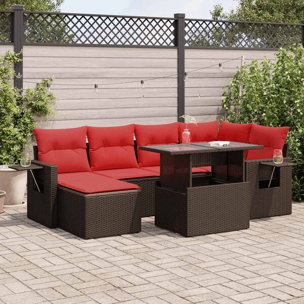 vidaXL 7-tlg. Garten-Sofagarnitur mit Kissen Braun Poly Rattan Akazie