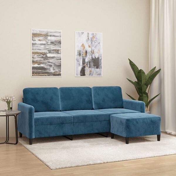 vidaXL 3-Sitzer-Sofa mit Hocker Blau 180 cm Samt