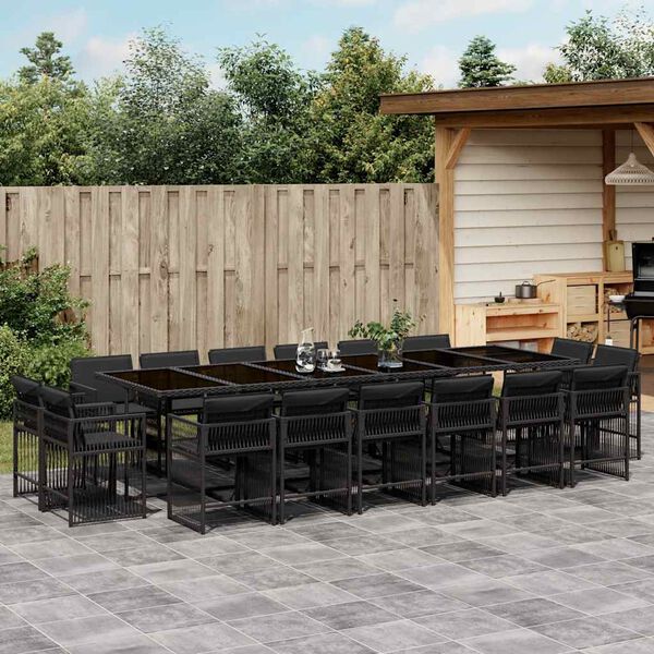 vidaXL 17-tlg. Garten-Essgruppe mit Kissen Schwarz Poly Rattan