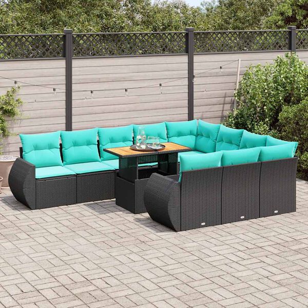 vidaXL 11-tlg. Garten-Sofagarnitur mit Kissen Schwarz Poly Rattan