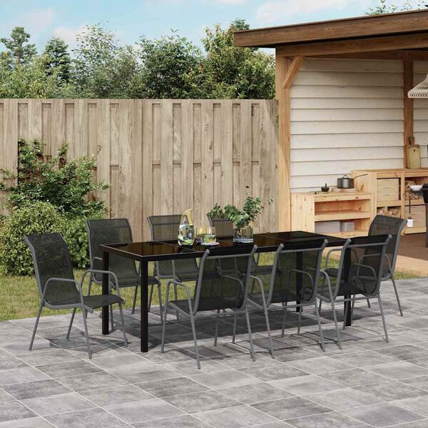 vidaXL Garten Essgruppe 9 pcs Schwarz Pulverbeschichteter Stahl