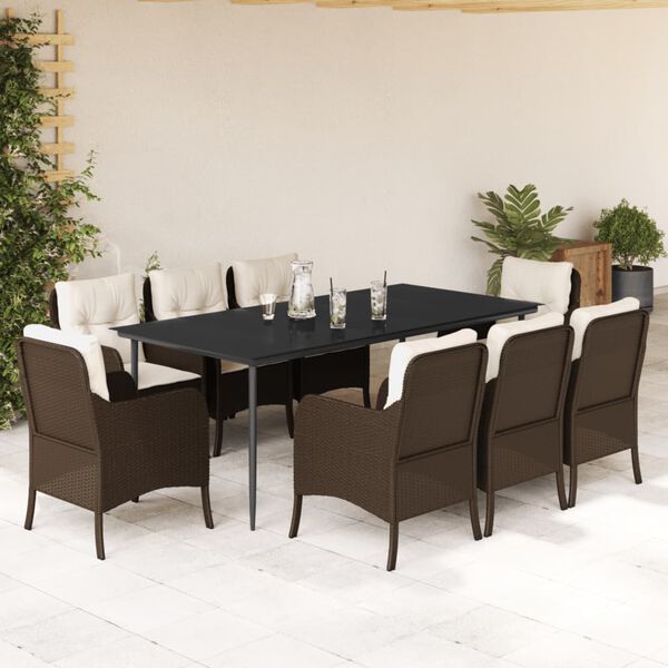 vidaXL 9-tlg. Garten-Essgruppe mit Kissen Braun Poly Rattan