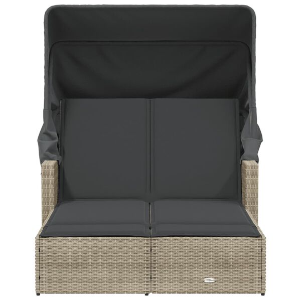 vidaXL Doppel-Sonnenliege mit Dach und Auflagen Hellgrau Poly Rattan