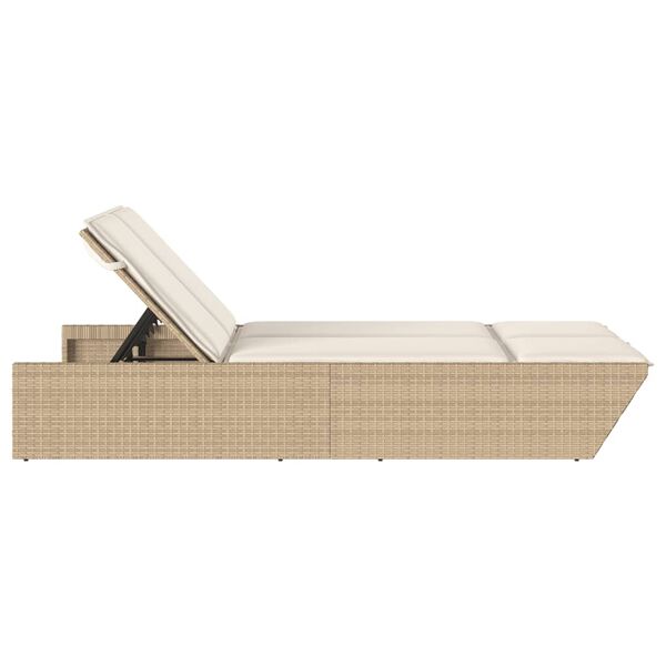 vidaXL Doppel-Sonnenliege mit Auflagen Beige Poly Rattan
