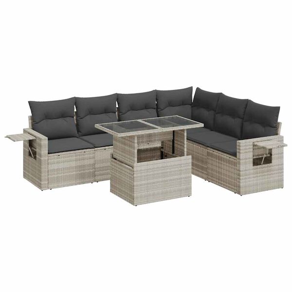 vidaXL 7-tlg. Garten-Sofagarnitur mit Kissen Hellgrau Poly Rattan