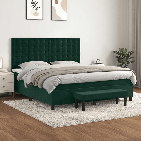vidaXL Boxspringbett mit Matratze Dunkelgr&uuml;n 160x200 cm Samt