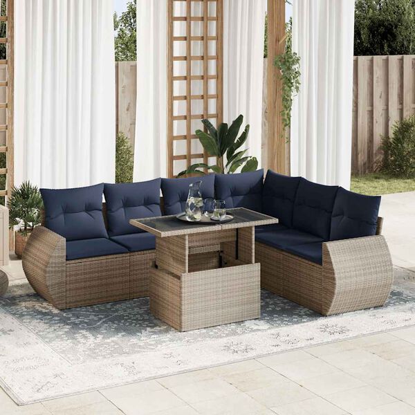 vidaXL 7-tlg. Garten-Sofagarnitur mit Kissen Grau Poly Rattan Akazie
