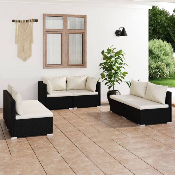 vidaXL 6-tlg. Garten-Lounge-Set mit Kissen Poly Rattan Schwarz
