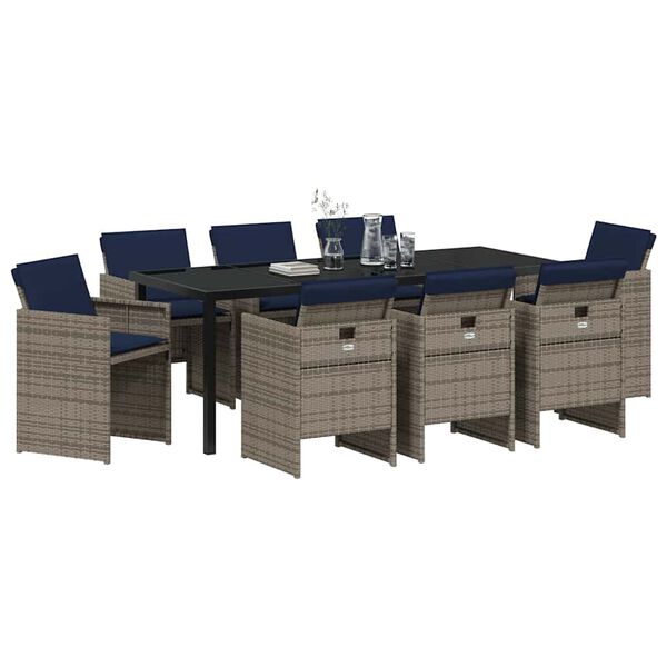 vidaXL Garten Essgruppe mit Kissen 9 pcs Grau Poly-Rattan