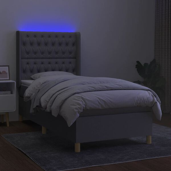 vidaXL Boxspringbett mit Matratze & LED Hellgrau 90x200 cm Stoff