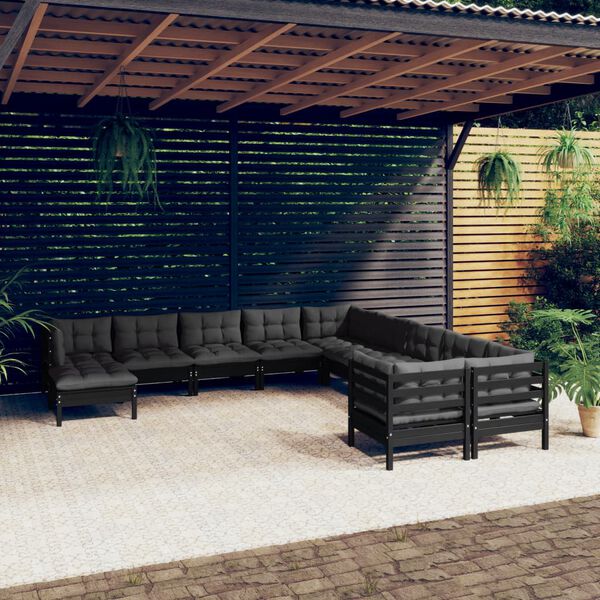 vidaXL 11-tlg. Garten-Lounge-Set mit Kissen Schwarz Kiefernholz
