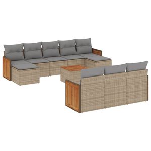 vidaXL 11-tlg. Garten-Sofagarnitur mit Kissen Beige Poly Rattan