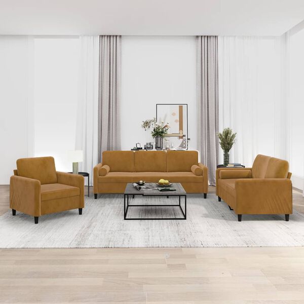 vidaXL 3-tlg. Sofagarnitur mit Kissen Braun Samt