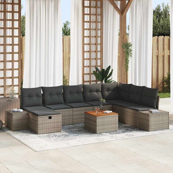 vidaXL Garten-Sofa-Set mit Kissen mit Speicher 9 pcs Grau Poly Rattan