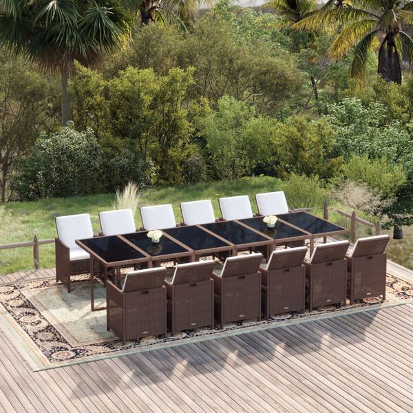 vidaXL 13-tlg. Garten-Essgruppe mit Kissen Poly Rattan Braun