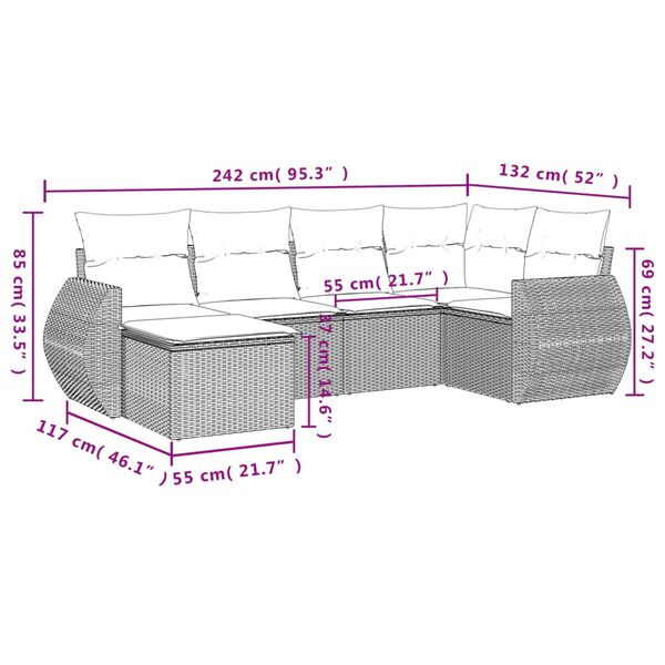 vidaXL 6-tlg. Garten-Sofagarnitur mit Kissen Hellgrau Poly Rattan