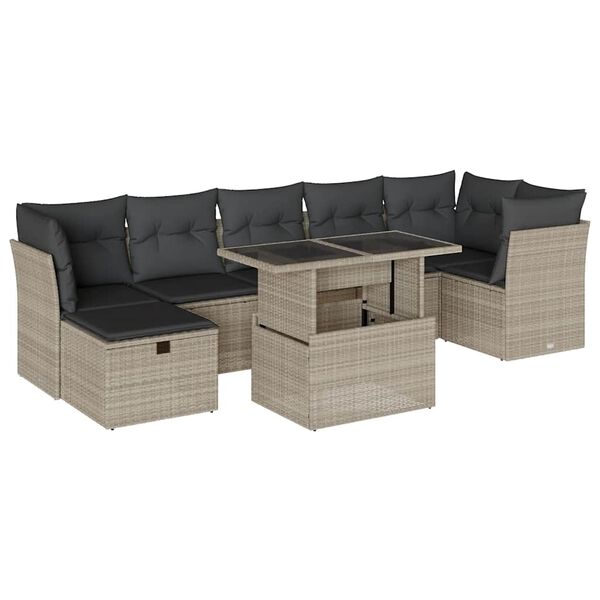 vidaXL 8-tlg. Garten-Sofagarnitur mit Kissen Hellgrau Poly Rattan