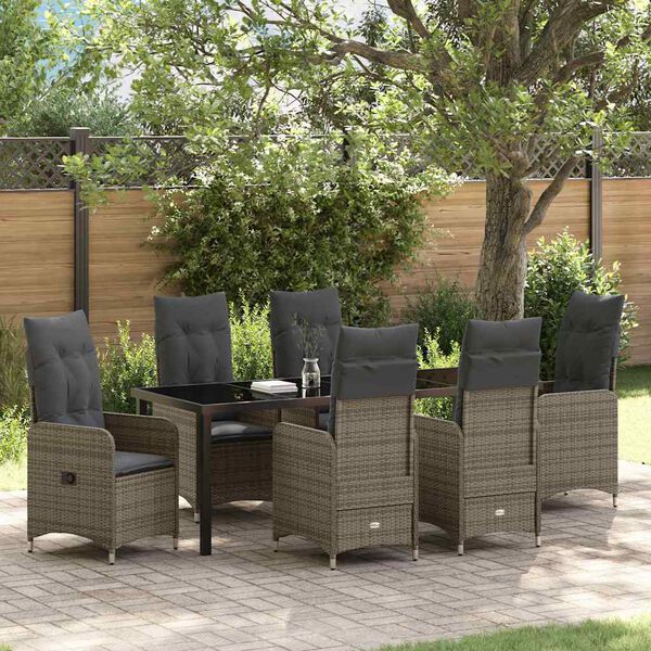 vidaXL Garten Essgruppe mit Kissen 7 pcs Grau Poly-Rattan