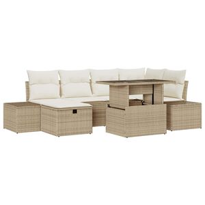 vidaXL Garten-Sofa-Set mit Kissen mit Speicher 7 pcs Beige Poly Rattan