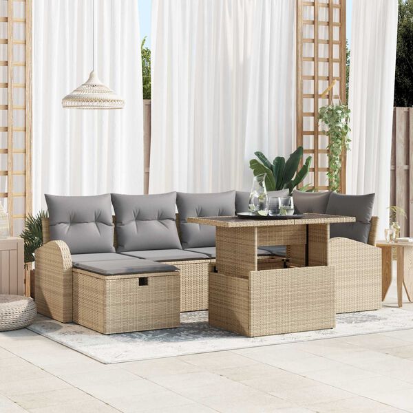 vidaXL Garten-Sofa-Set mit Kissen mit Speicher 7 pcs Beige Poly Rattan