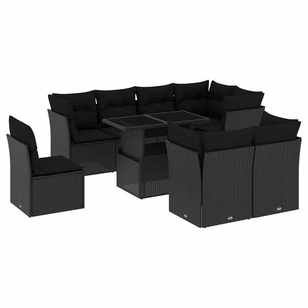 vidaXL 9-tlg. Garten-Sofagarnitur mit Kissen Schwarz Poly Rattan