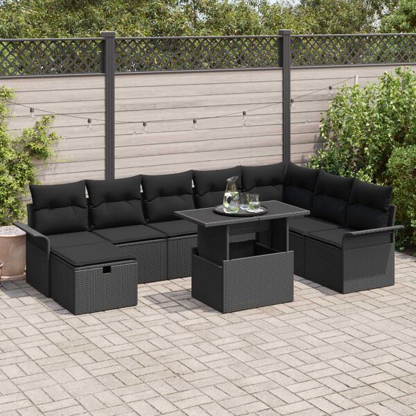 vidaXL Garten-Sofa-Set mit Kissen 9 pcs Schwarz Poly Rattan