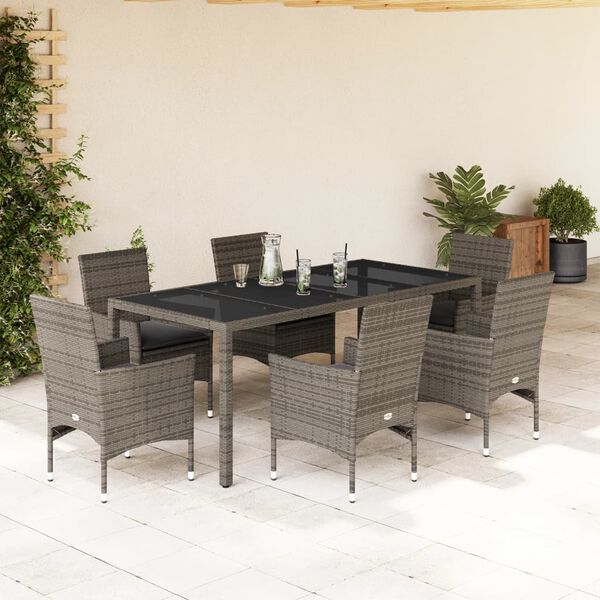 vidaXL 7-tlg. Garten-Essgruppe mit Kissen Grau Poly Rattan und Glas
