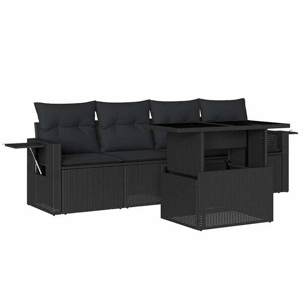 vidaXL 5-tlg. Garten-Sofagarnitur mit Kissen Schwarz Poly Rattan