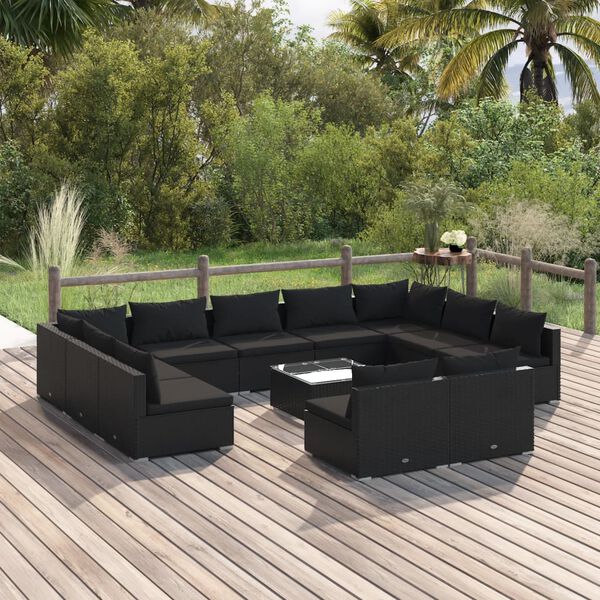 vidaXL 12-tlg. Garten-Lounge-Set mit Kissen Schwarz Poly Rattan