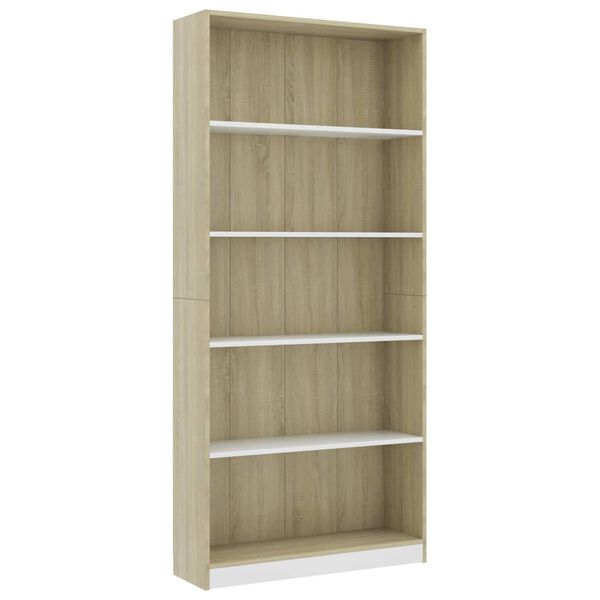 vidaXL B&uuml;cherregal 5 F&auml;cher Wei&szlig; Sonoma-Eiche 80x24x175 Holzwerkstoff