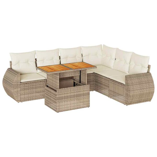 vidaXL 7-tlg. Garten-Sofagarnitur mit Kissen Beige Poly Rattan