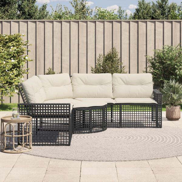 vidaXL Gartensofa in L-Form mit Kissen und Fu&szlig;bank Schwarz Poly Rattan