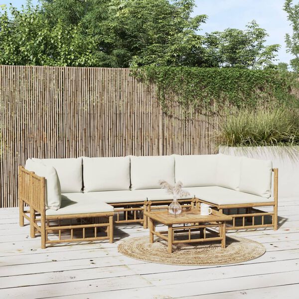 vidaXL 7-tlg. Garten-Lounge-Set mit Cremeweißen Kissen Bambus