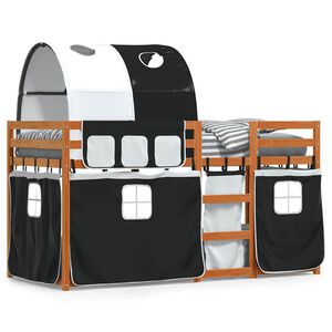 vidaXL Etagenbett mit Vorh&auml;ngen Wei&szlig; & Schwarz 90x190 cm Kiefernholz