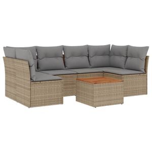 vidaXL 7-tlg. Garten-Sofagarnitur mit Kissen Beige Poly Rattan
