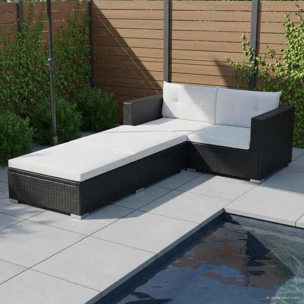 vidaXL 3-tlg. Garten-Lounge-Set mit Auflagen Poly Rattan Schwarz