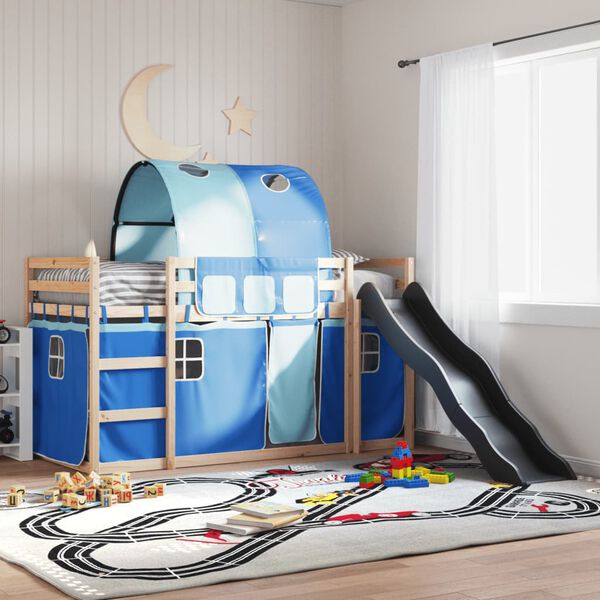 vidaXL Etagenbett mit Rutsche und Gardinen Blau 90x190 cm