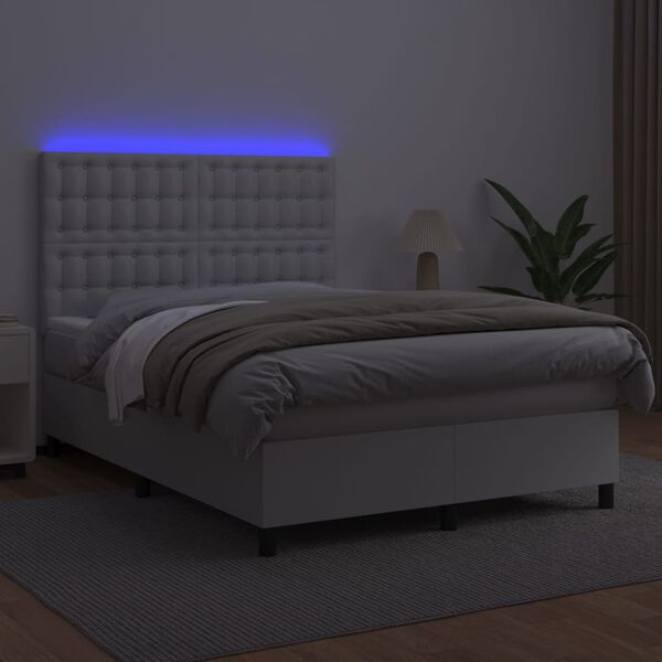 vidaXL Boxspringbett mit Matratze & LED Wei&szlig; 140x200 cm Kunstleder
