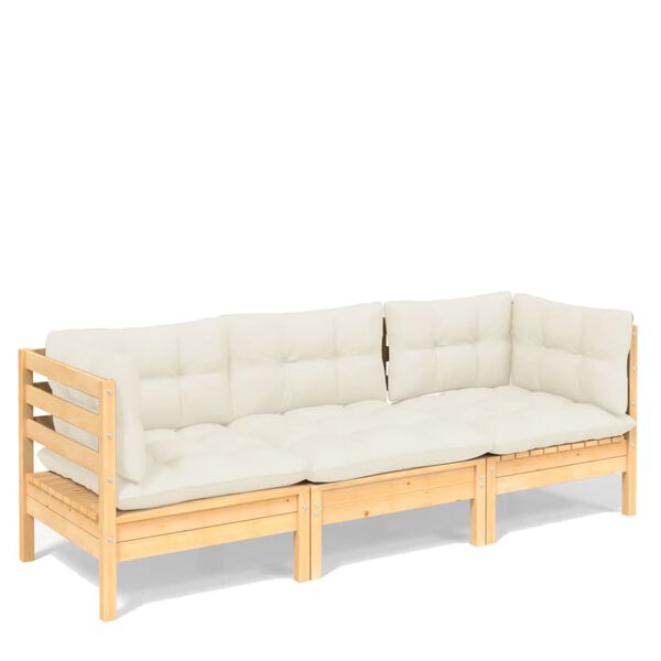 vidaXL 3-Sitzer-Gartensofa mit Creme Kissen Massivholz Kiefer