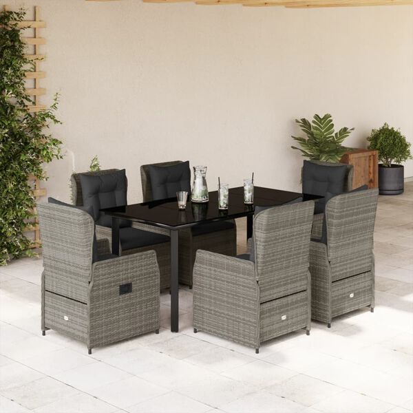 vidaXL 7-tlg. Garten-Essgruppe mit Kissen Grau Poly Rattan