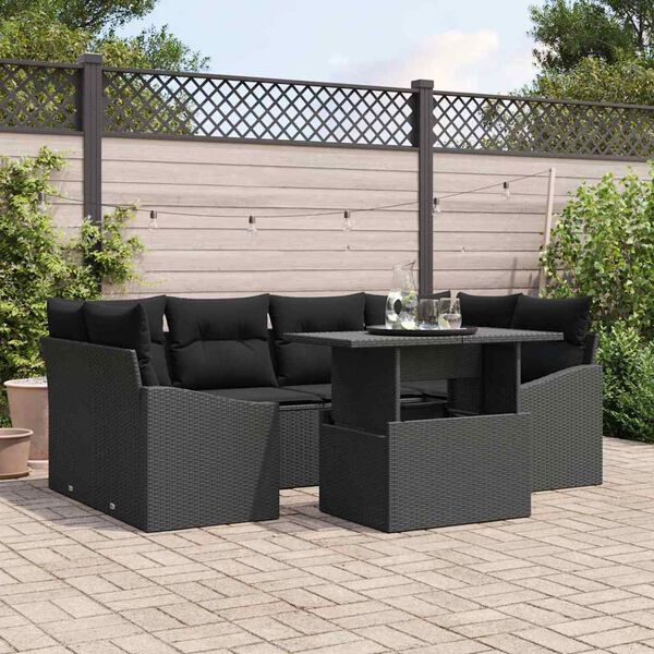 vidaXL Garten-Sofa-Set mit Kissen 7 pcs Schwarz Poly-Rattan