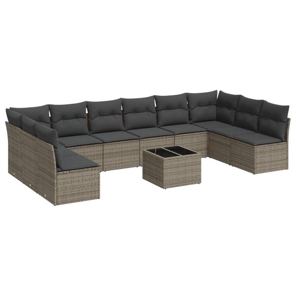 vidaXL 11-tlg. Garten-Sofagarnitur mit Kissen Grau Poly Rattan