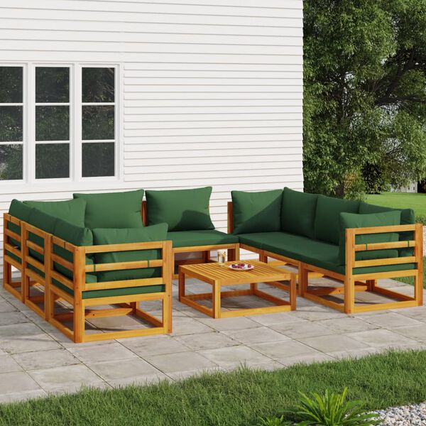 vidaXL 9-tlg. Garten-Lounge-Set mit Grünen Kissen Massivholz