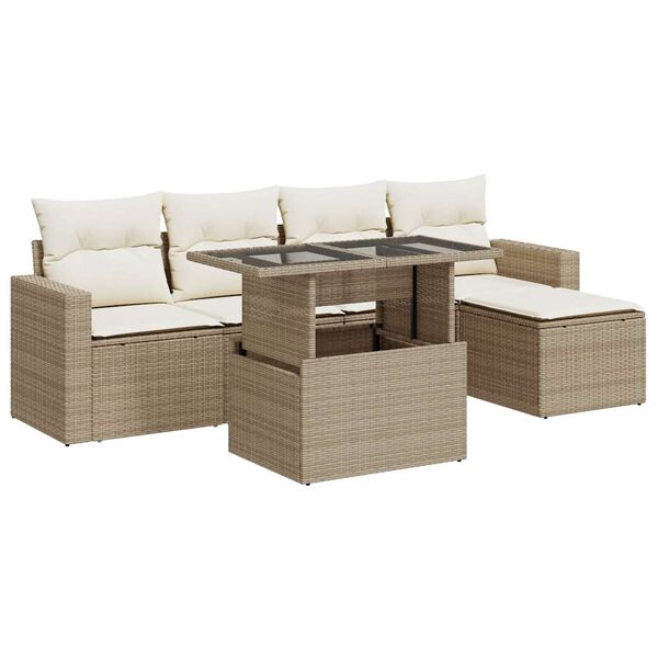 vidaXL 6-tlg. Garten-Sofagarnitur mit Kissen Beige Poly Rattan