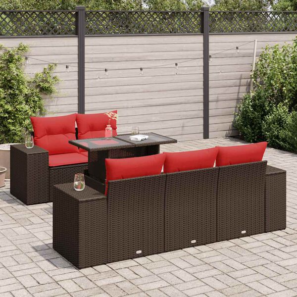 vidaXL 6-tlg. Garten-Sofagarnitur mit Kissen Braun Poly Rattan Akazie